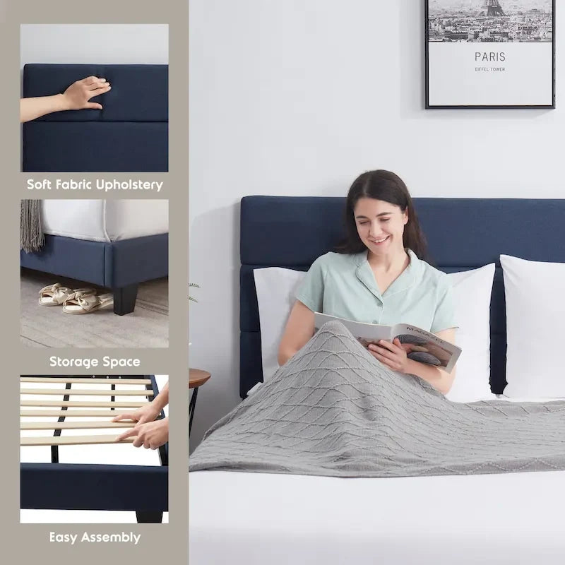 Cama de plataforma tapizada con canales horizontales