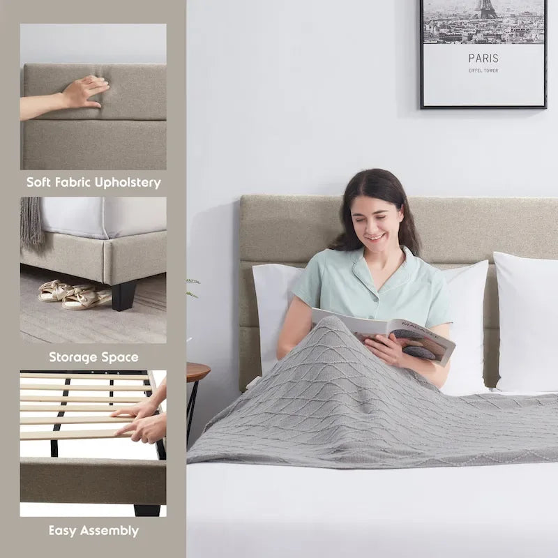 Gepolstertes Plattformbett mit horizontaler Steppung