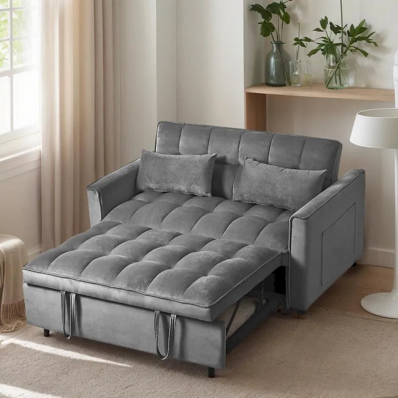 Canapé-lit futon moderne en velours deux places, petit canapé lounge convertible avec dossier inclinable, coussins décoratifs et poches