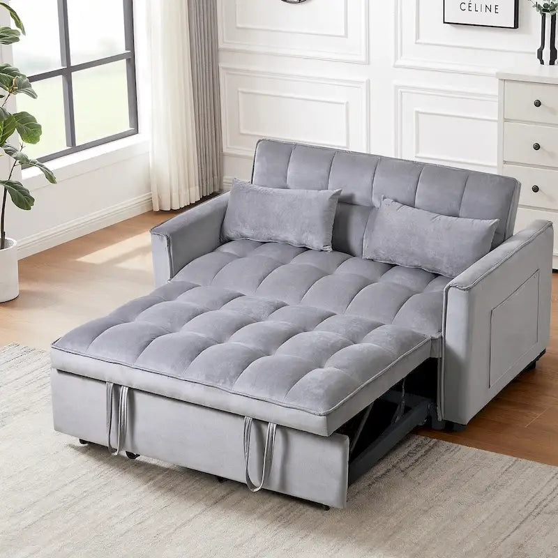 Modernes Samt-Schlafsofa im Loveseat-Format mit Ausziehbett, kleines Lounge-Sofa mit verstellbarer Rückenlehne, Zierkissen und Taschen