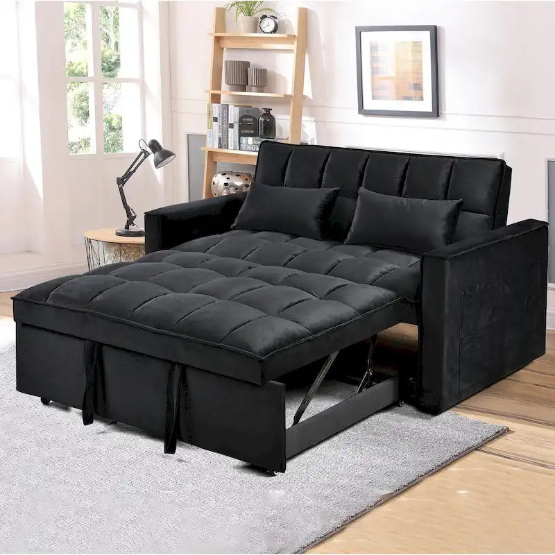 Modernes Samt-Schlafsofa im Loveseat-Format mit Ausziehbett, kleines Lounge-Sofa mit verstellbarer Rückenlehne, Zierkissen und Taschen