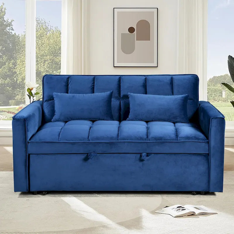 Modernes Samt-Schlafsofa im Loveseat-Format mit Ausziehbett, kleines Lounge-Sofa mit verstellbarer Rückenlehne, Zierkissen und Taschen
