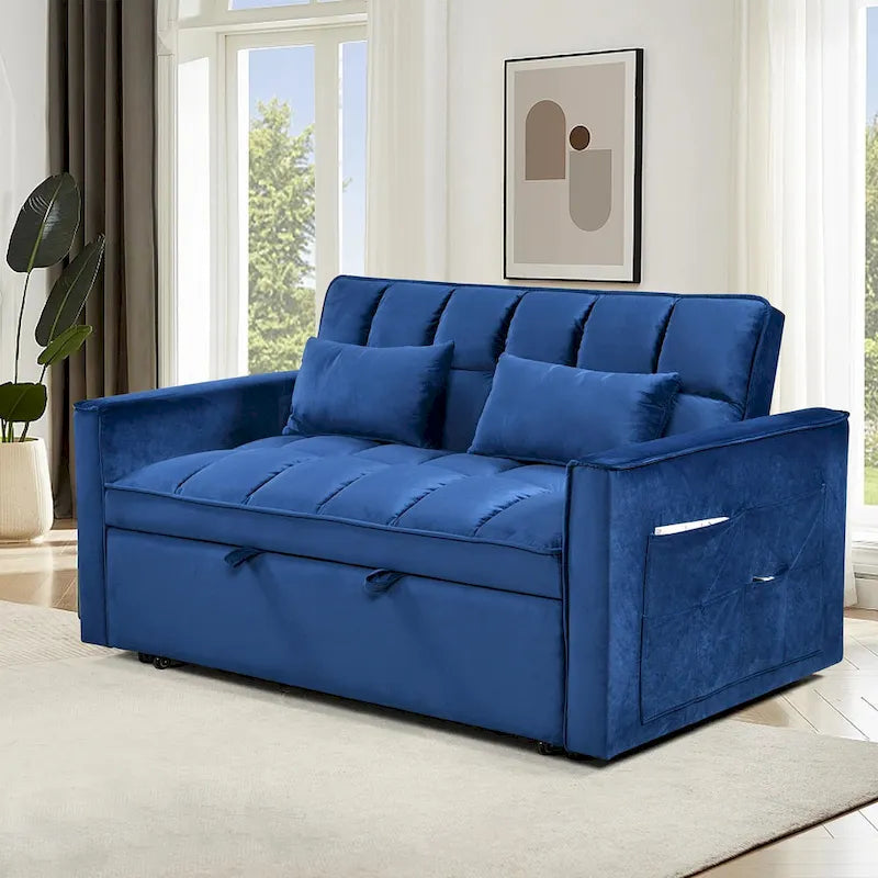 Modernes Samt-Schlafsofa im Loveseat-Format mit Ausziehbett, kleines Lounge-Sofa mit verstellbarer Rückenlehne, Zierkissen und Taschen