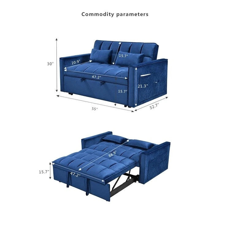 Canapé-lit futon moderne en velours deux places, petit canapé lounge convertible avec dossier inclinable, coussins décoratifs et poches