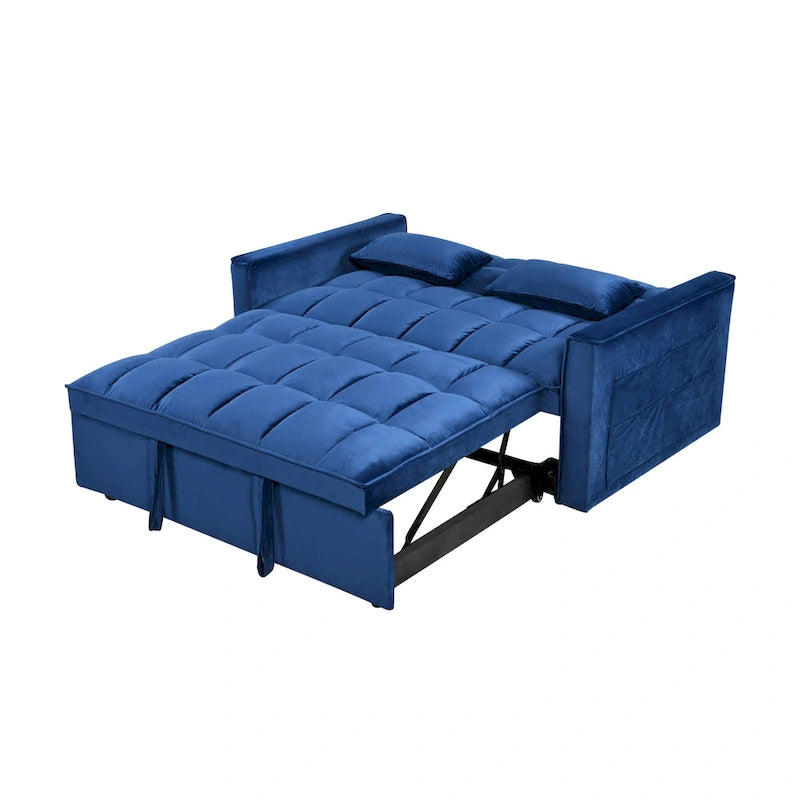 Modernes Samt-Schlafsofa im Loveseat-Format mit Ausziehbett, kleines Lounge-Sofa mit verstellbarer Rückenlehne, Zierkissen und Taschen