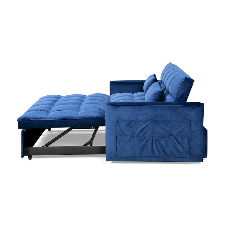 Canapé-lit futon moderne en velours deux places, petit canapé lounge convertible avec dossier inclinable, coussins décoratifs et poches