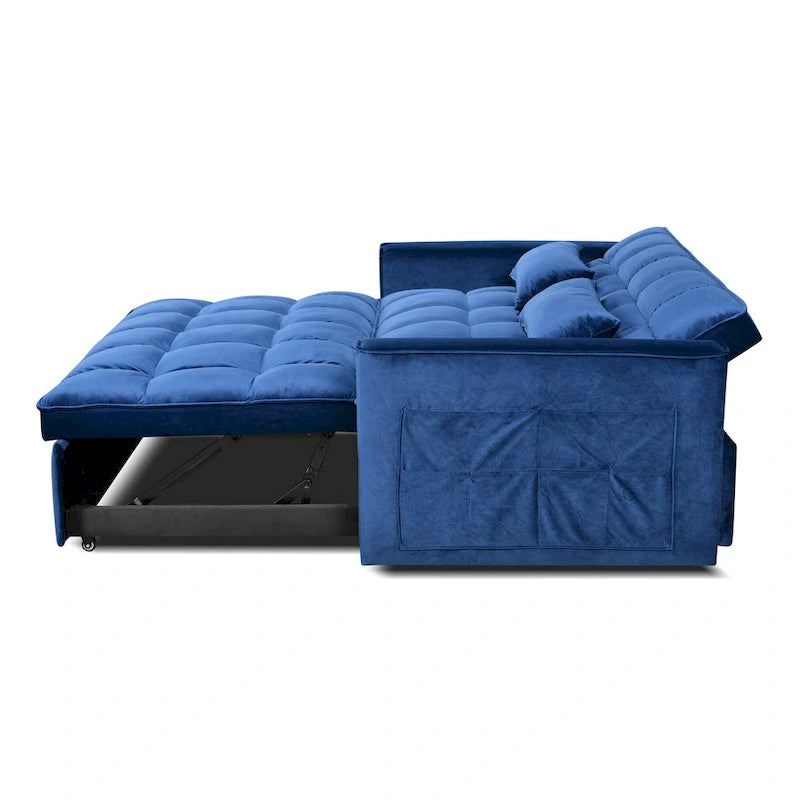 Canapé-lit futon moderne en velours deux places, petit canapé lounge convertible avec dossier inclinable, coussins décoratifs et poches
