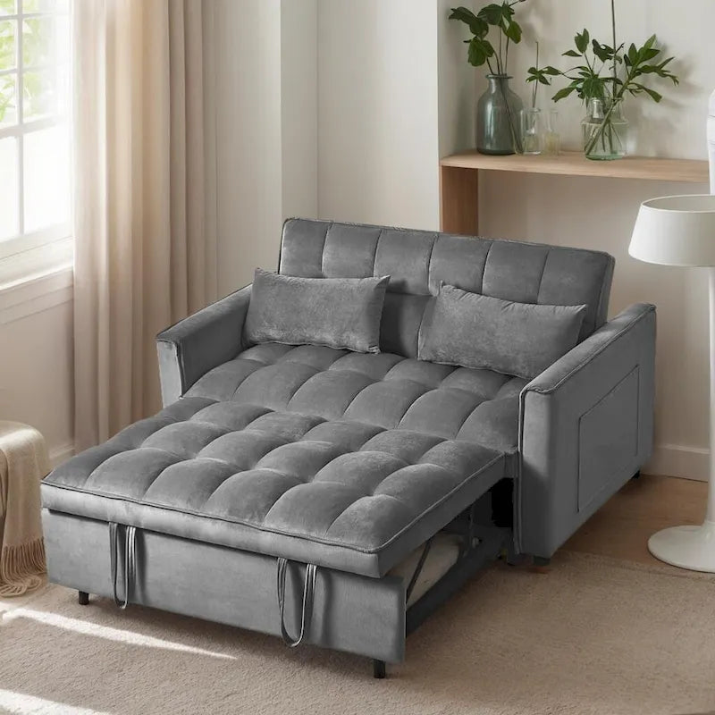 Canapé-lit futon moderne en velours deux places, petit canapé lounge convertible avec dossier inclinable, coussins décoratifs et poches