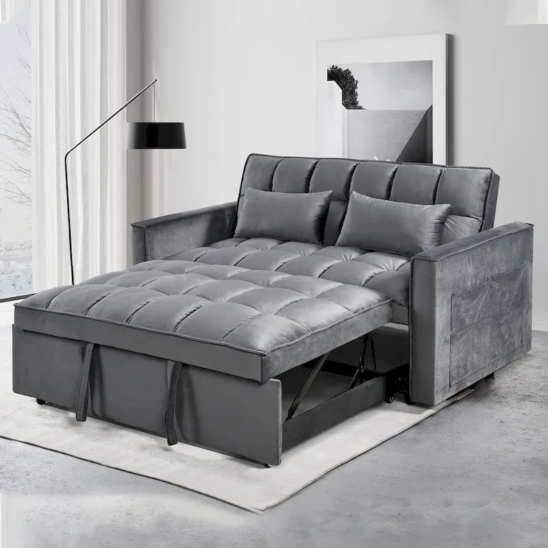 Canapé-lit futon moderne en velours deux places, petit canapé lounge convertible avec dossier inclinable, coussins décoratifs et poches