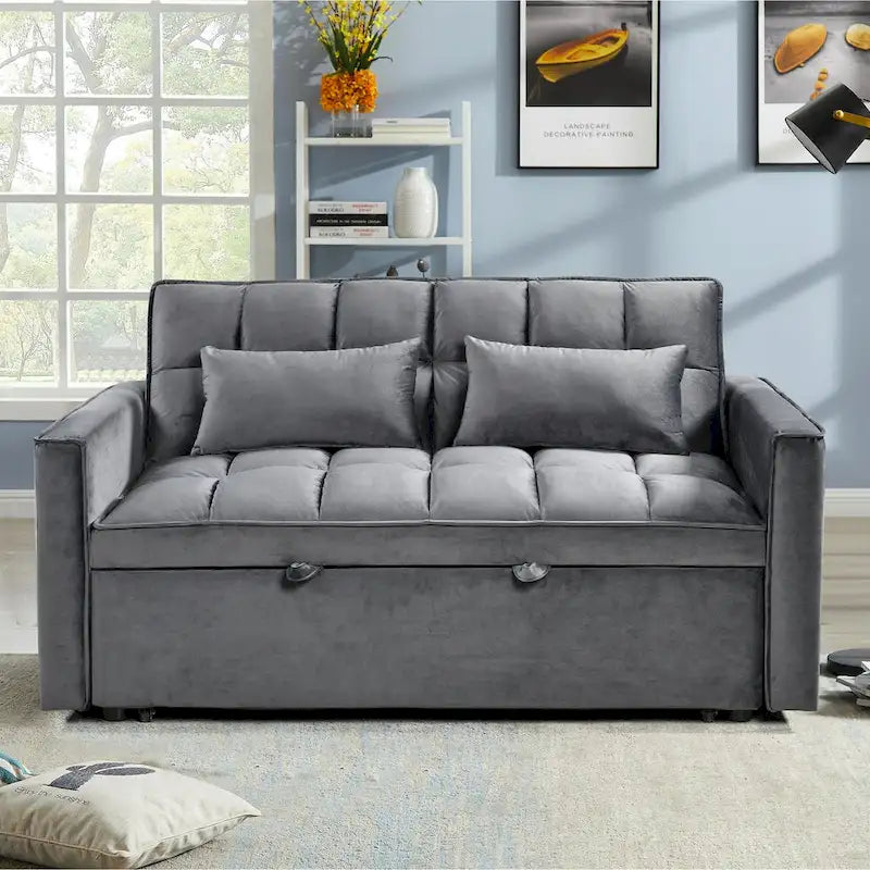 Canapé-lit futon moderne en velours deux places, petit canapé lounge convertible avec dossier inclinable, coussins décoratifs et poches