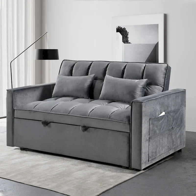 Canapé-lit futon moderne en velours deux places, petit canapé lounge convertible avec dossier inclinable, coussins décoratifs et poches