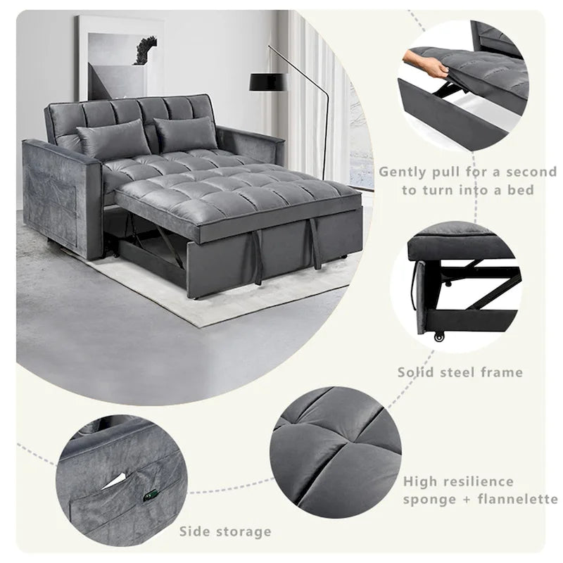 Canapé-lit futon moderne en velours deux places, petit canapé lounge convertible avec dossier inclinable, coussins décoratifs et poches