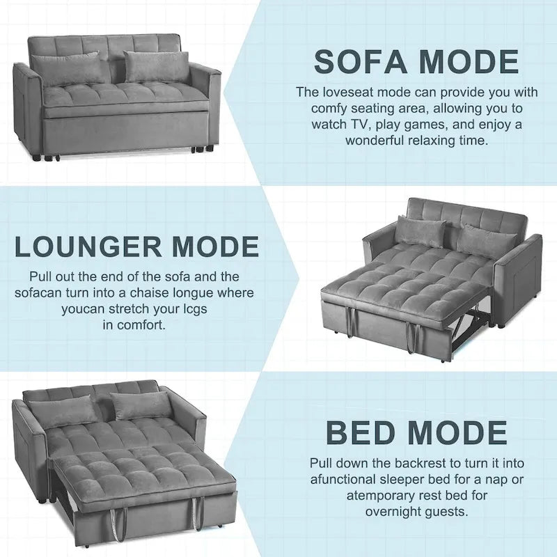 Canapé-lit futon moderne en velours deux places, petit canapé lounge convertible avec dossier inclinable, coussins décoratifs et poches