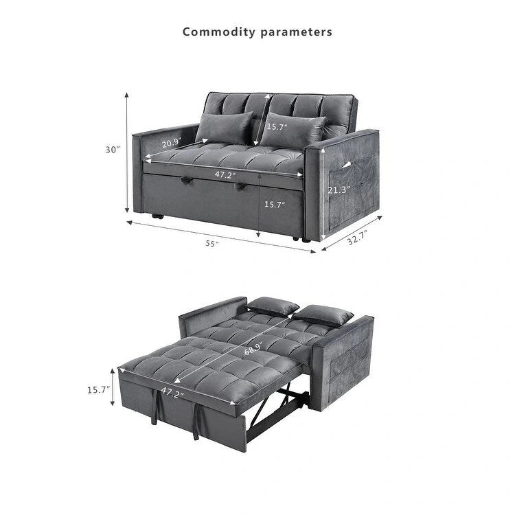 Canapé-lit futon moderne en velours deux places, petit canapé lounge convertible avec dossier inclinable, coussins décoratifs et poches