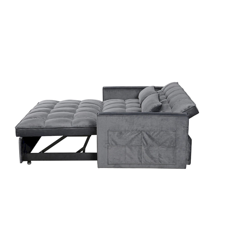 Canapé-lit futon moderne en velours deux places, petit canapé lounge convertible avec dossier inclinable, coussins décoratifs et poches