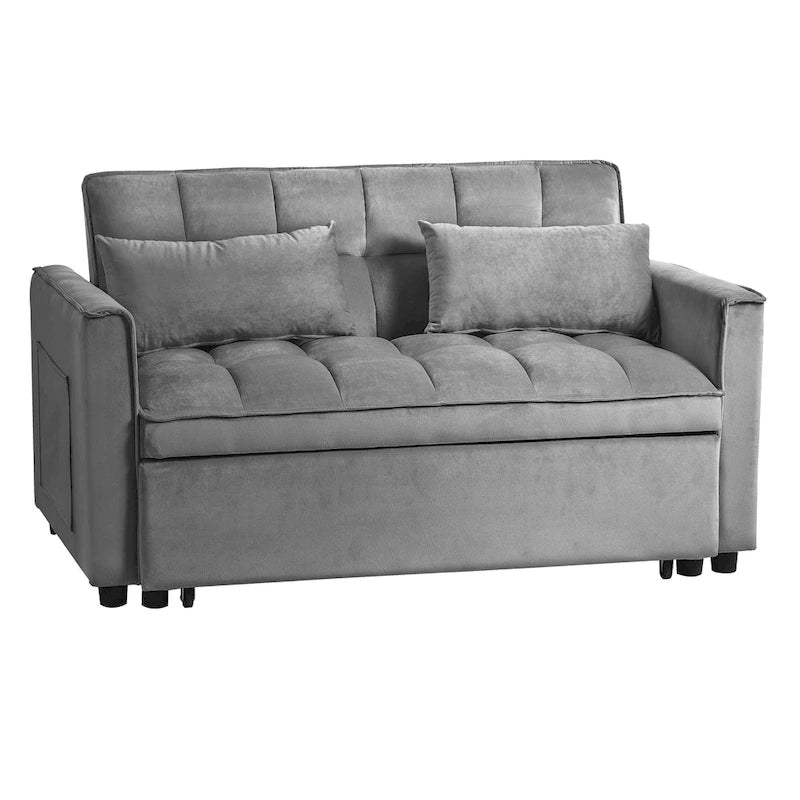 Canapé-lit futon moderne en velours deux places, petit canapé lounge convertible avec dossier inclinable, coussins décoratifs et poches