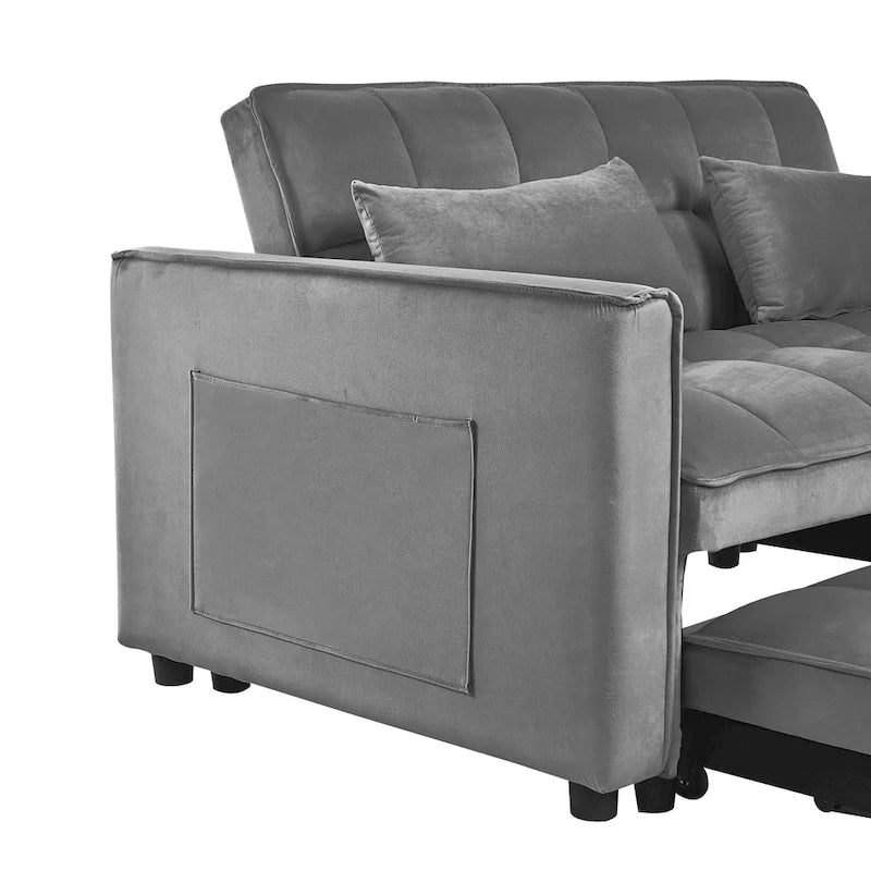 Canapé-lit futon moderne en velours deux places, petit canapé lounge convertible avec dossier inclinable, coussins décoratifs et poches