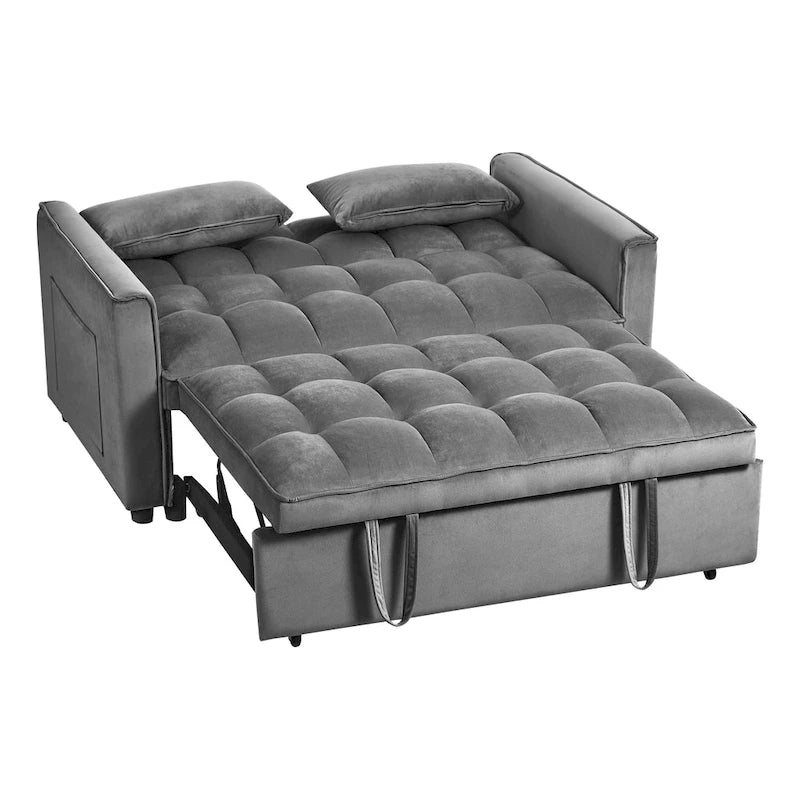 Canapé-lit futon moderne en velours deux places, petit canapé lounge convertible avec dossier inclinable, coussins décoratifs et poches