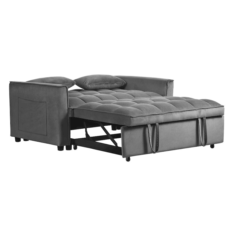 Canapé-lit futon moderne en velours deux places, petit canapé lounge convertible avec dossier inclinable, coussins décoratifs et poches