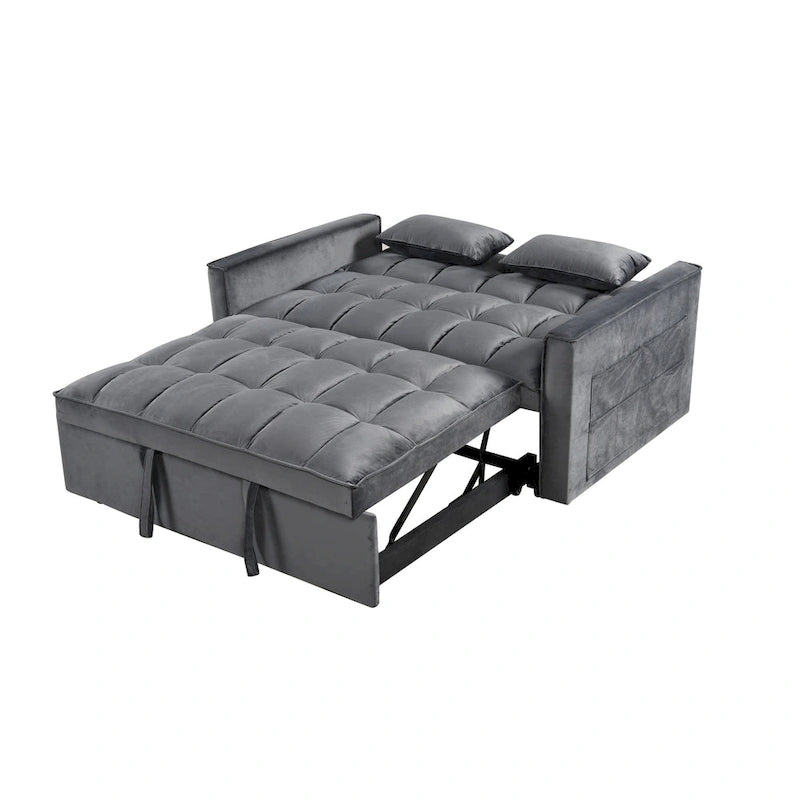 Canapé-lit futon moderne en velours deux places, petit canapé lounge convertible avec dossier inclinable, coussins décoratifs et poches
