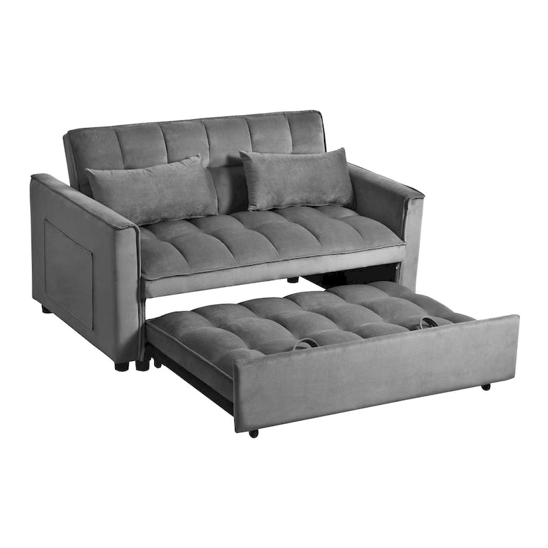 Canapé-lit futon moderne en velours deux places, petit canapé lounge convertible avec dossier inclinable, coussins décoratifs et poches