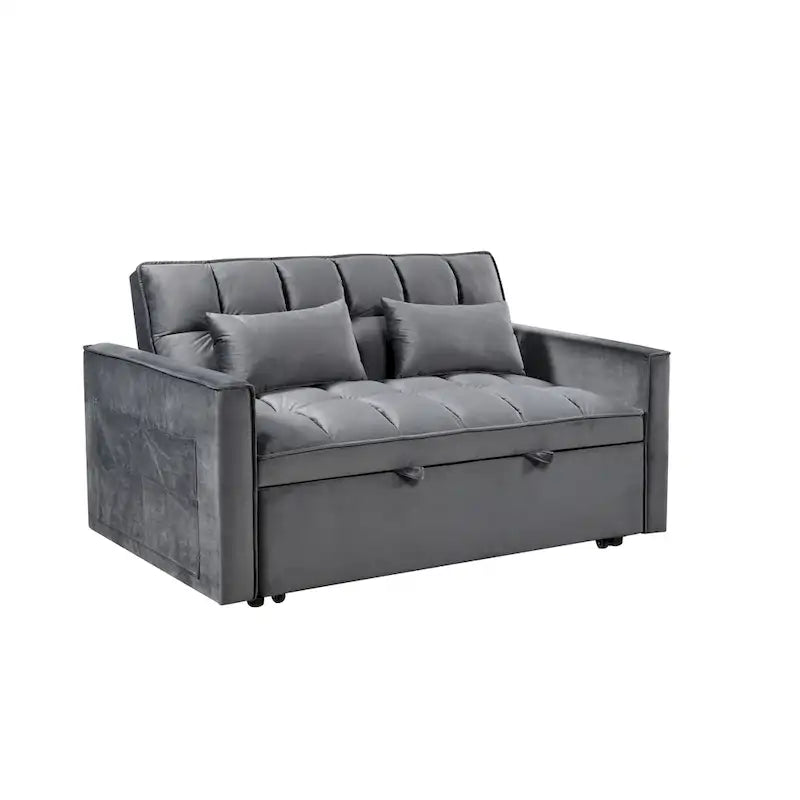 Canapé-lit futon moderne en velours deux places, petit canapé lounge convertible avec dossier inclinable, coussins décoratifs et poches
