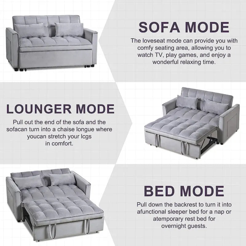 Canapé-lit futon moderne en velours deux places, petit canapé lounge convertible avec dossier inclinable, coussins décoratifs et poches