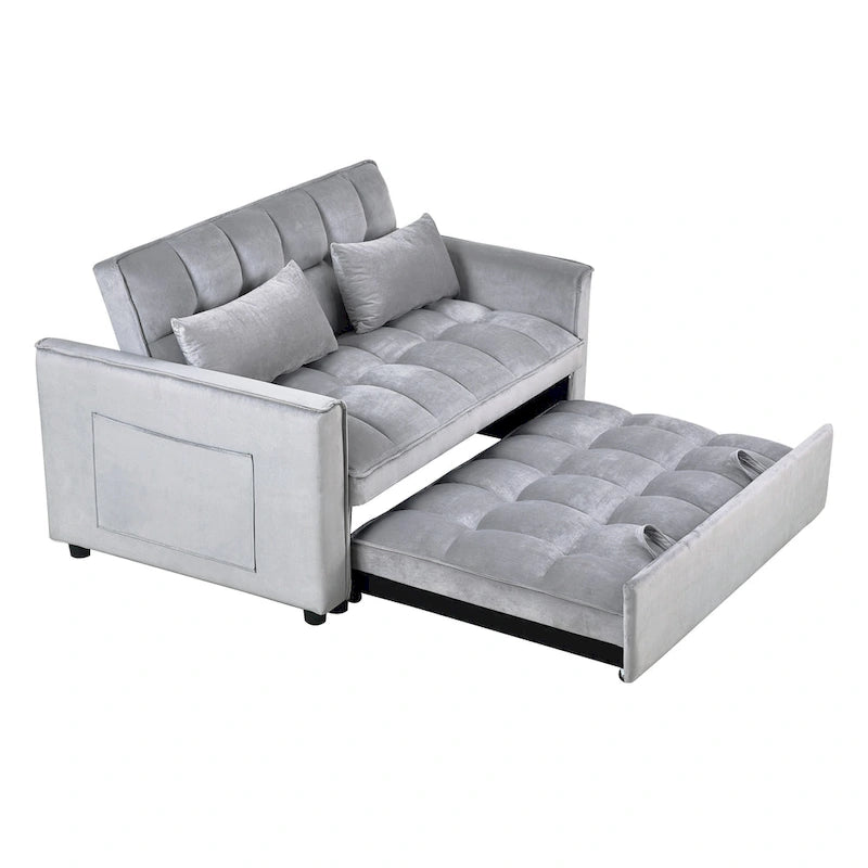 Canapé-lit futon moderne en velours deux places, petit canapé lounge convertible avec dossier inclinable, coussins décoratifs et poches