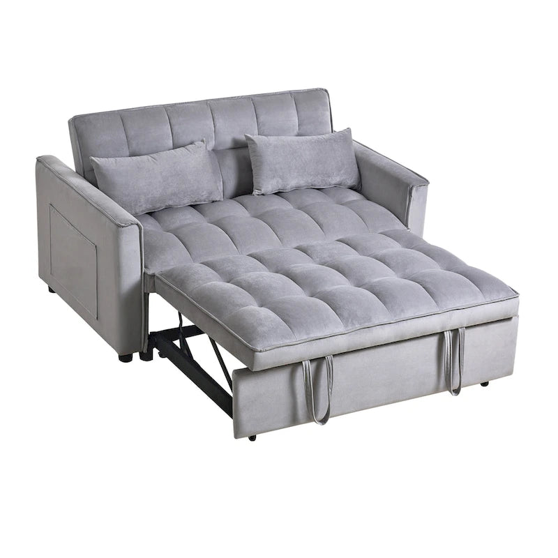 Canapé-lit futon moderne en velours deux places, petit canapé lounge convertible avec dossier inclinable, coussins décoratifs et poches