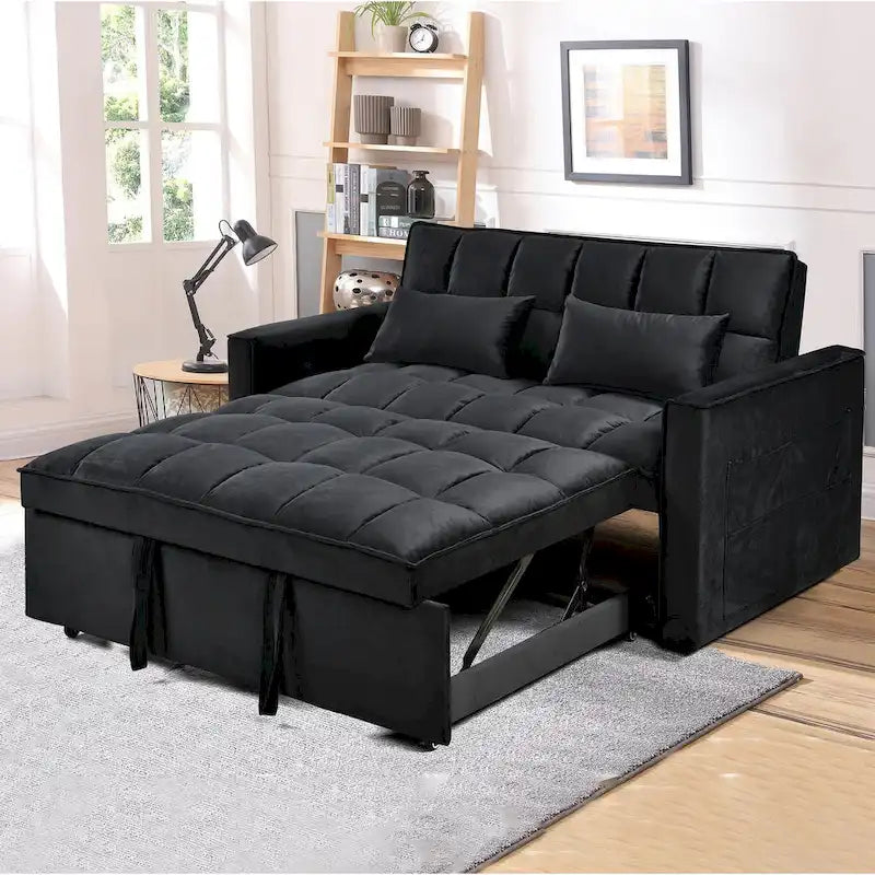 Canapé-lit futon moderne en velours deux places, petit canapé lounge convertible avec dossier inclinable, coussins décoratifs et poches
