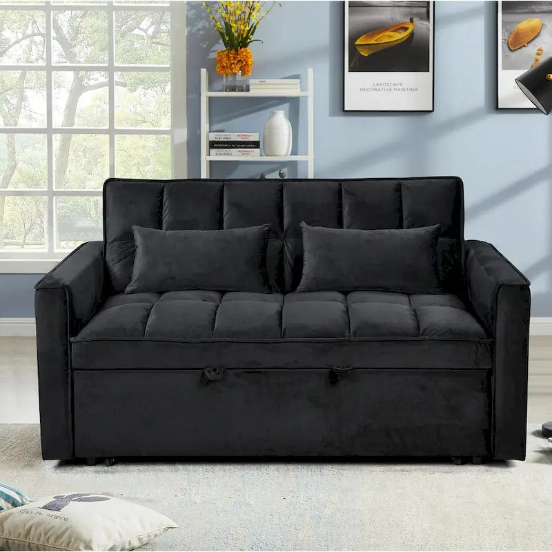 Canapé-lit futon moderne en velours deux places, petit canapé lounge convertible avec dossier inclinable, coussins décoratifs et poches