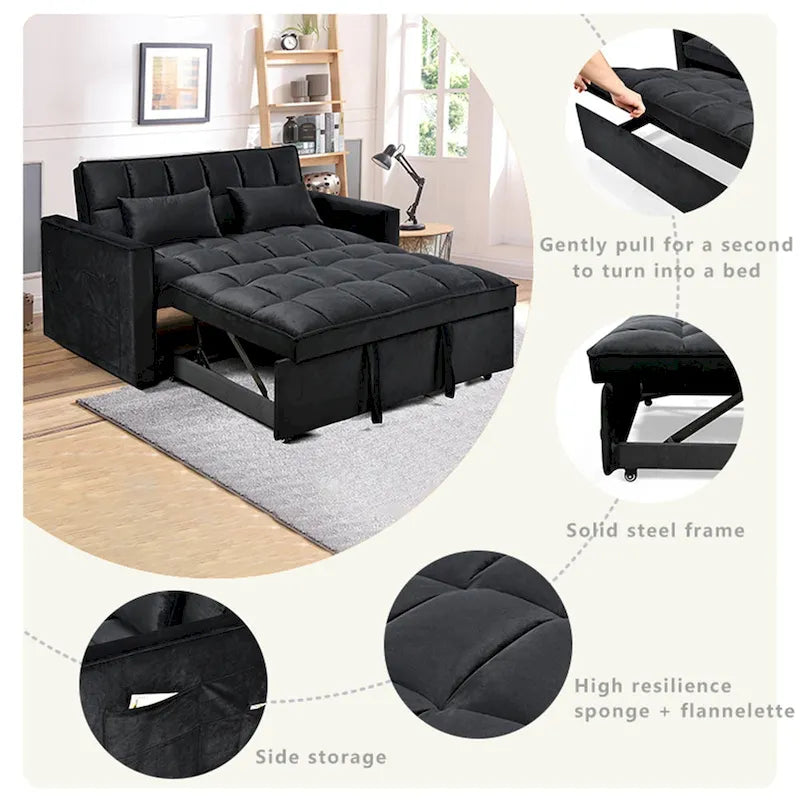 Canapé-lit futon moderne en velours deux places, petit canapé lounge convertible avec dossier inclinable, coussins décoratifs et poches