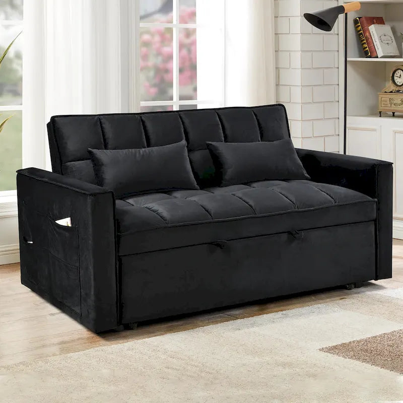 Canapé-lit futon moderne en velours deux places, petit canapé lounge convertible avec dossier inclinable, coussins décoratifs et poches