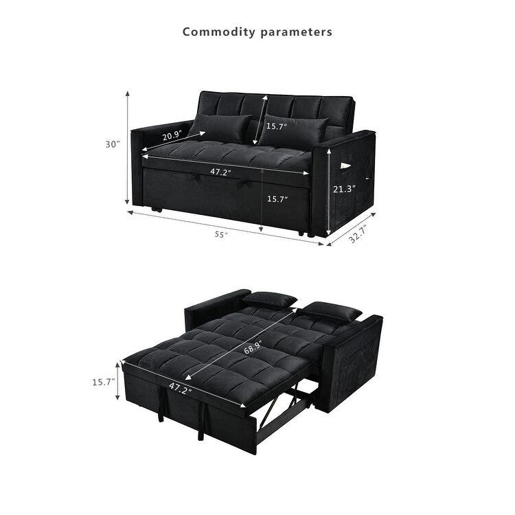 Canapé-lit futon moderne en velours deux places, petit canapé lounge convertible avec dossier inclinable, coussins décoratifs et poches