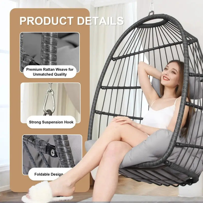 Silla colgante tipo huevo de lujo para interiores, sin soporte, silla tipo huevo para exteriores con capacidad de 350 lbs, silla columpio tipo huevo sin soporte