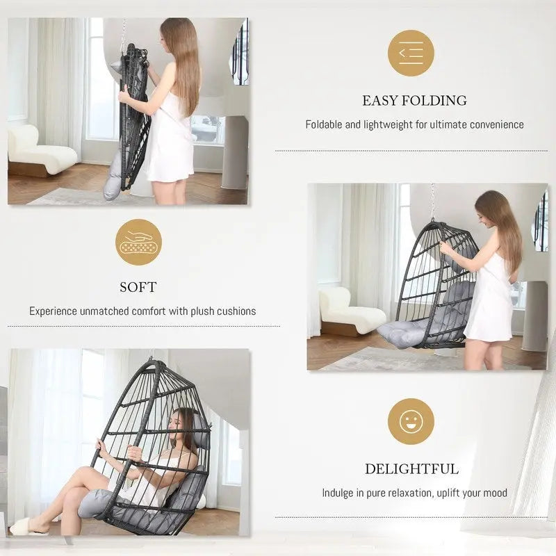 Silla colgante tipo huevo de lujo para interiores, sin soporte, silla tipo huevo para exteriores con capacidad de 350 lbs, silla columpio tipo huevo sin soporte