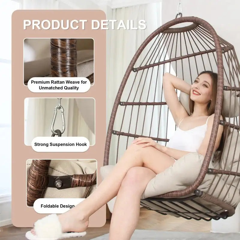 Silla colgante tipo huevo de lujo para interiores, sin soporte, silla tipo huevo para exteriores con capacidad de 350 lbs, silla columpio tipo huevo sin soporte