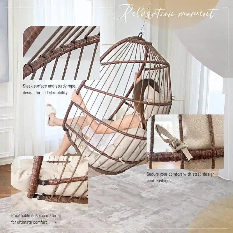 Silla colgante tipo huevo de lujo para interiores, sin soporte, silla tipo huevo para exteriores con capacidad de 350 lbs, silla columpio tipo huevo sin soporte