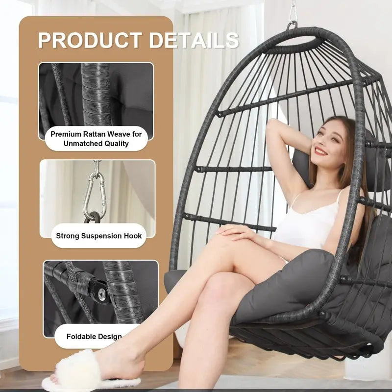 Silla colgante tipo huevo de lujo para interiores, sin soporte, silla tipo huevo para exteriores con capacidad de 350 lbs, silla columpio tipo huevo sin soporte