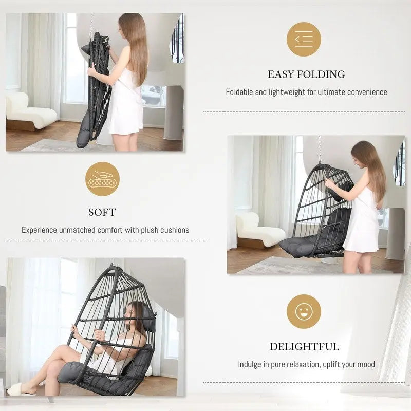 Silla colgante tipo huevo de lujo para interiores, sin soporte, silla tipo huevo para exteriores con capacidad de 350 lbs, silla columpio tipo huevo sin soporte