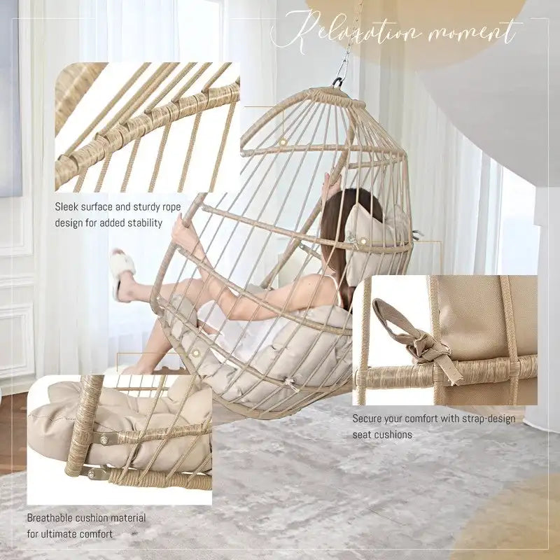 Silla colgante tipo huevo de lujo para interiores, sin soporte, silla tipo huevo para exteriores con capacidad de 350 lbs, silla columpio tipo huevo sin soporte