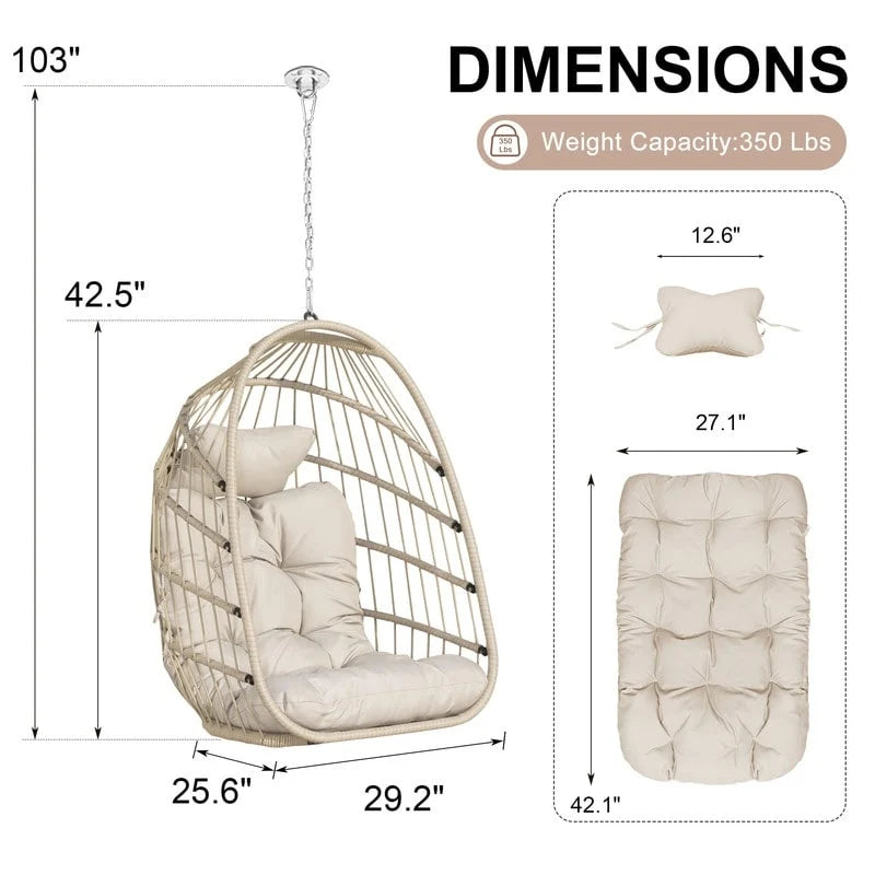 Silla colgante tipo huevo de lujo para interiores, sin soporte, silla tipo huevo para exteriores con capacidad de 350 lbs, silla columpio tipo huevo sin soporte