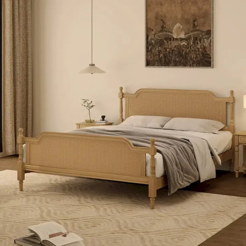 Cama de plataforma de estilo tradicional con cabecera y piecera de ratán para dormitorio