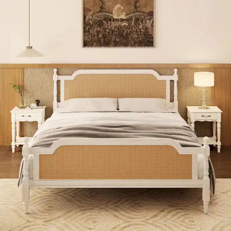 Bett im traditionellen Stil mit Rattan-Kopf- und Fußteil für das Schlafzimmer