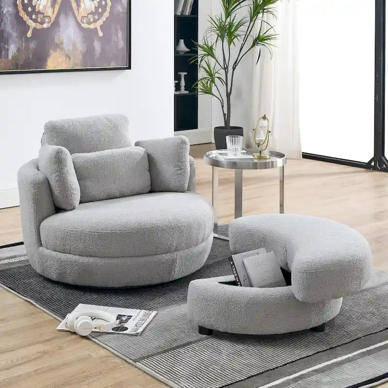 Sillón barril giratorio extragrande para acurrucarse, con otomana de almacenamiento con forma de luna