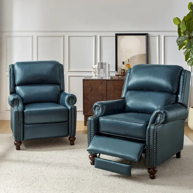 Fauteuil inclinable moderne du milieu du siècle en cuir véritable, garniture à clous, lot de 2
