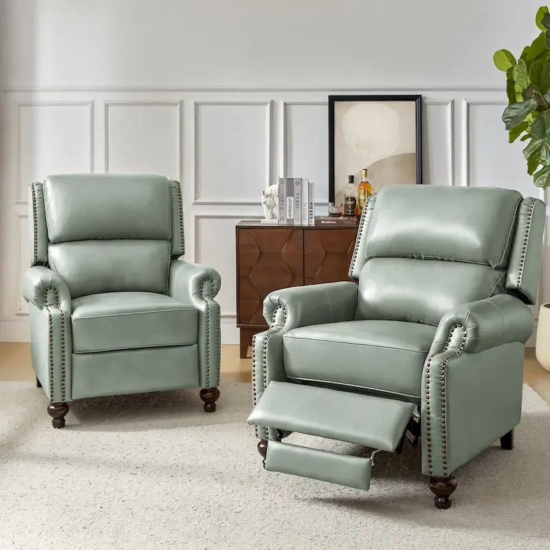 Sillón reclinable de cuero genuino de estilo moderno de mediados de siglo con tachuelas decorativas, juego de 2