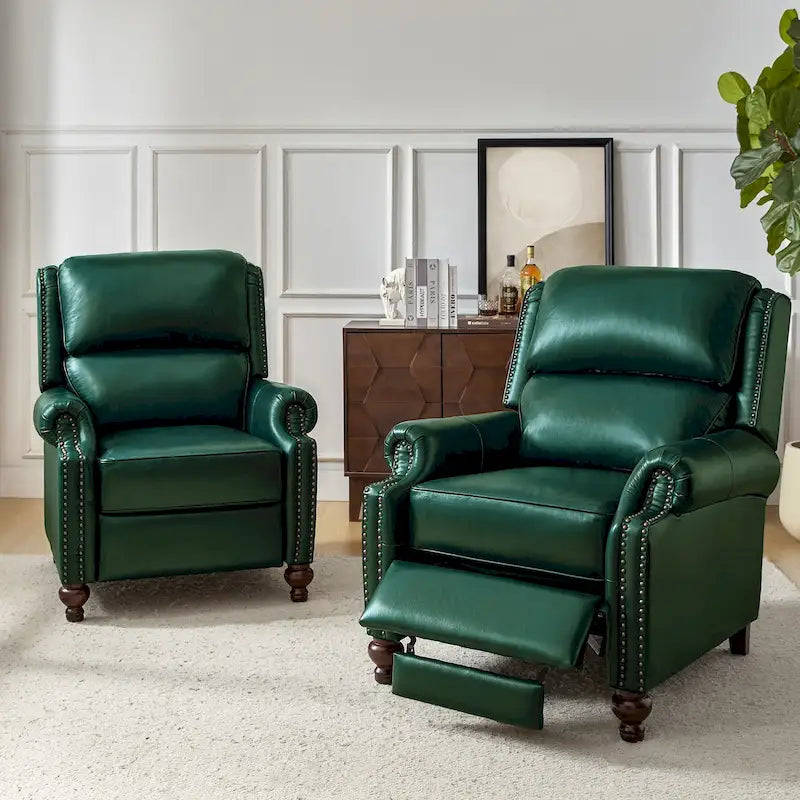 Sillón reclinable de cuero genuino de estilo moderno de mediados de siglo con tachuelas decorativas, juego de 2