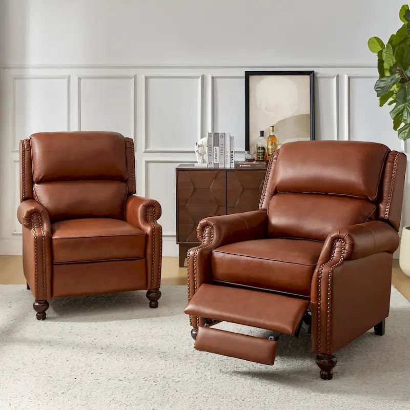 Sillón reclinable de cuero genuino de estilo moderno de mediados de siglo con tachuelas decorativas, juego de 2