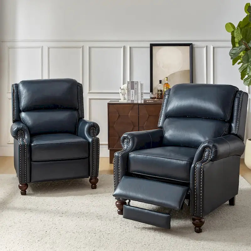 Sillón reclinable de cuero genuino de estilo moderno de mediados de siglo con tachuelas decorativas, juego de 2